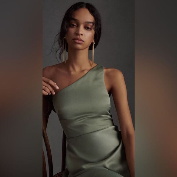 BHLDN Dylan One-Shoulder Satin Side-Slit Gown Sz 0 - Picture 3 of 11